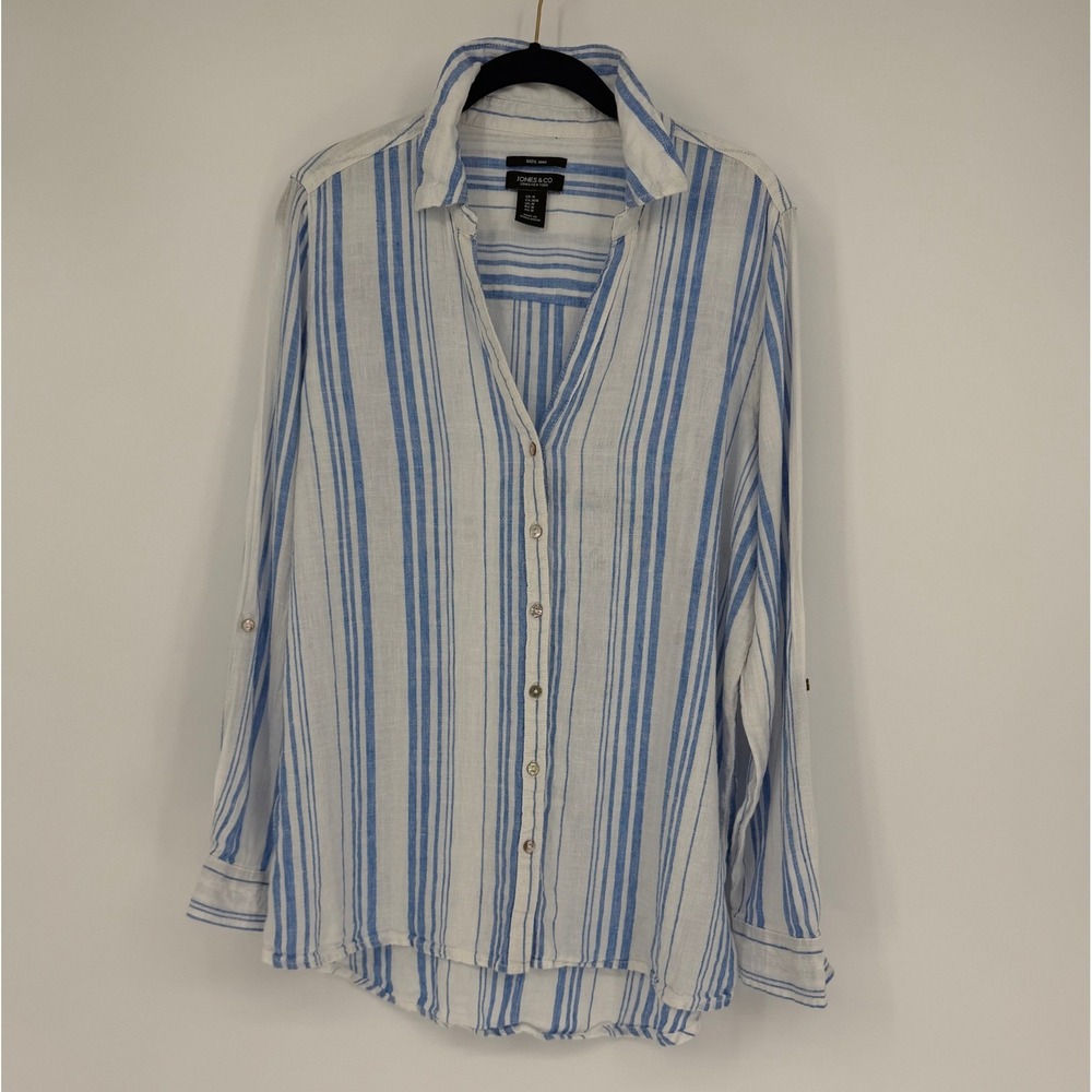 Jones & Co Jones New York 100% Linen Striped Button Down Shirt Blue White Medium